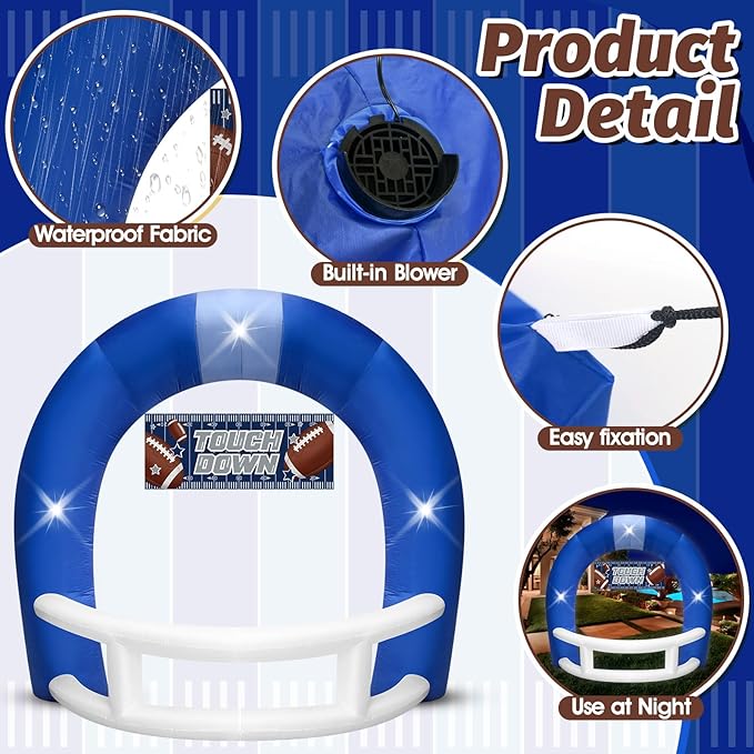 8FT Blue and White Football Helmet Inflatable Arch with Game Day Banner, Giant Outdoor Blow Up Football Helmet with Built-in 3 LED Lights for Football Themed Birthday Party Lawn Yard Decoration