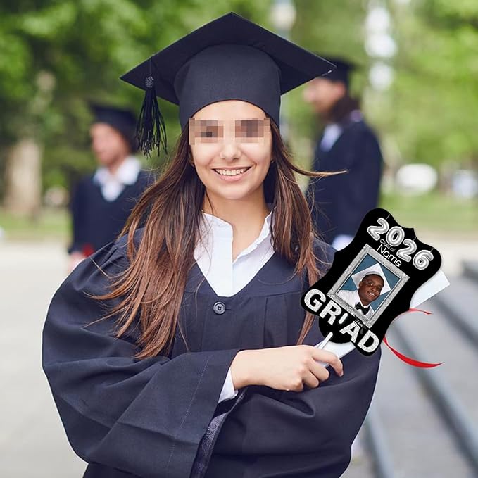 Personalized Graduation Double Sided Face Fan Class of 2026 Customized Graduation Head Face Cutout with Handle Fun Photo Prop Supplies(A-Black and Silver,24pcs)