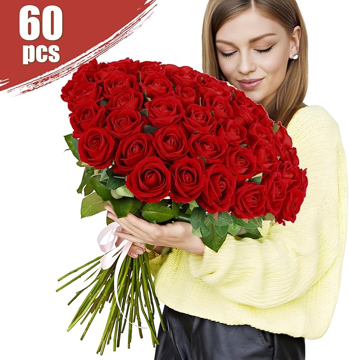 Artificial Velvet Silk White Roses for Wedding Centerpieces & Bridal Bouquets - Mother's Day & Valentine's Day Home Decor (120, Red)
