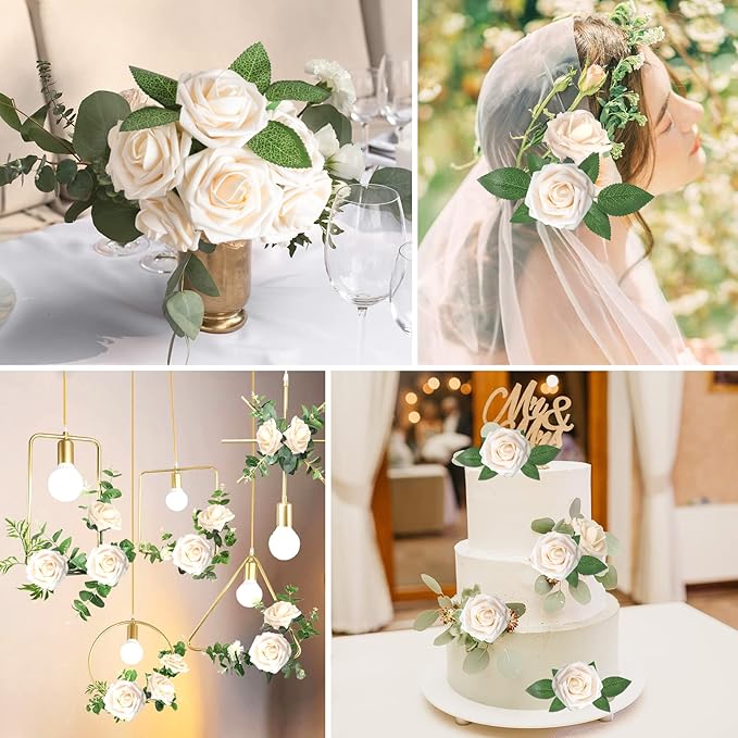 AmyHomie Artificial Flowers Champagne Rose 50pcs Real Looking Fake Roses w/Stem for DIY Wedding Bouquets Centerpieces Arrangements Party Baby Shower Valentines Day Christmas Tree Decorations