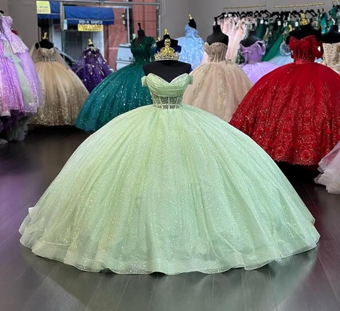 Youjiayi Glitter Tulle Quinceanera Dresses with Train Off Shoulder Beaded Sweet 16 Dresses Pleated Long Ball Gown for Women