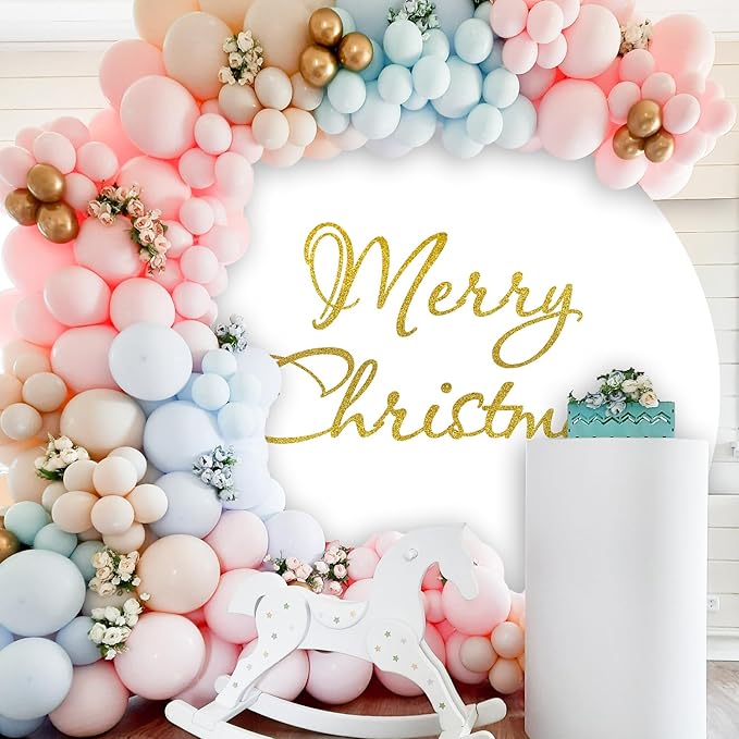 Merry Christmas Round Backdrop Cover 7.2ft for Photography Gold Merry Christmas Sign White Round Backdrop Cover 7.2x7.2ft Winter Party Banner New Year Holiday Family Kids Gift Portrait Props