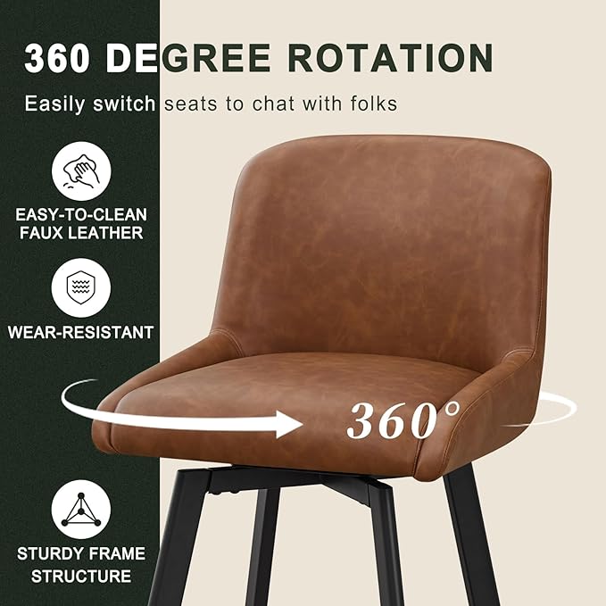 Swivel Bar Stools Set of 3, 29''H Upholstered Barstools with Backs, Modern Counter Height Bar Stool Chairs for Kitchen Island, Metal Legs, Faux Leather, Brown Counter Stools