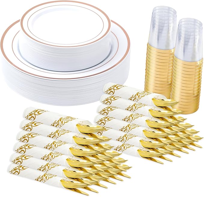 175 Pcs Rose Gold Disposable Plates for 25 Guests, Disposable Plastic Plates, Dinnerware Set Include 25 Dinner Plates, 25 Salad Plates,25 Cups, 25 Paper Napkins for Party, Wedding