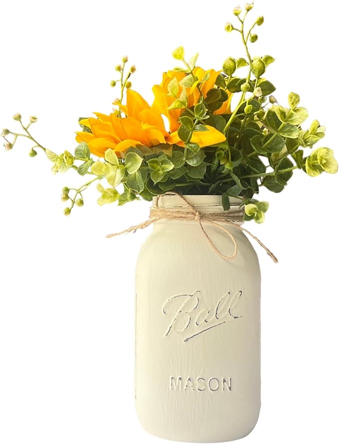 Sunflower Mason Jar Centerpieces - Sunflower Table Decor Centerpieces - Set of 5-32 oz Hand-Painted Mason Jars with Faux Sunflower Wedding Centerpieces (5 Ivory w/Greenery/Sunflower)