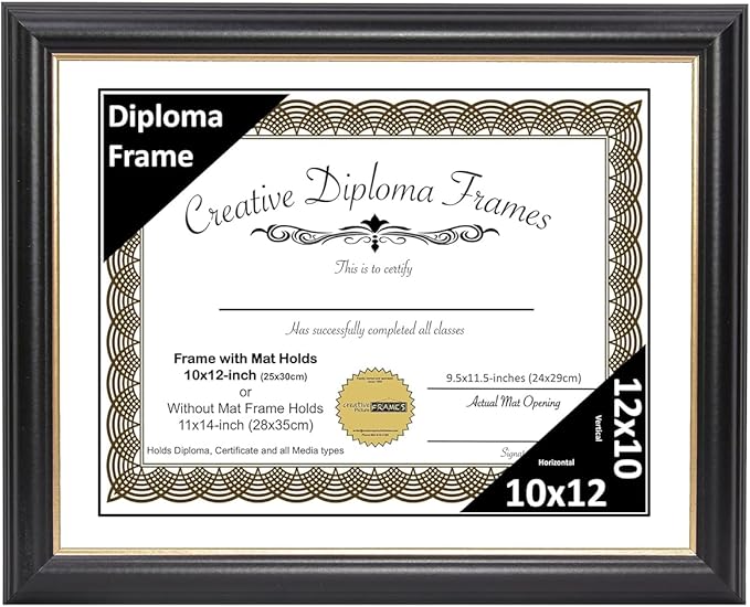 Creative Picture Frames 10" x 12" Rockefeller Black with Gold Rim Diploma Frame, Displays 10" x 12" Certificate or 11" x 14" Document without Mat, College Degree Frame, Full-Strength Glass, White Mat