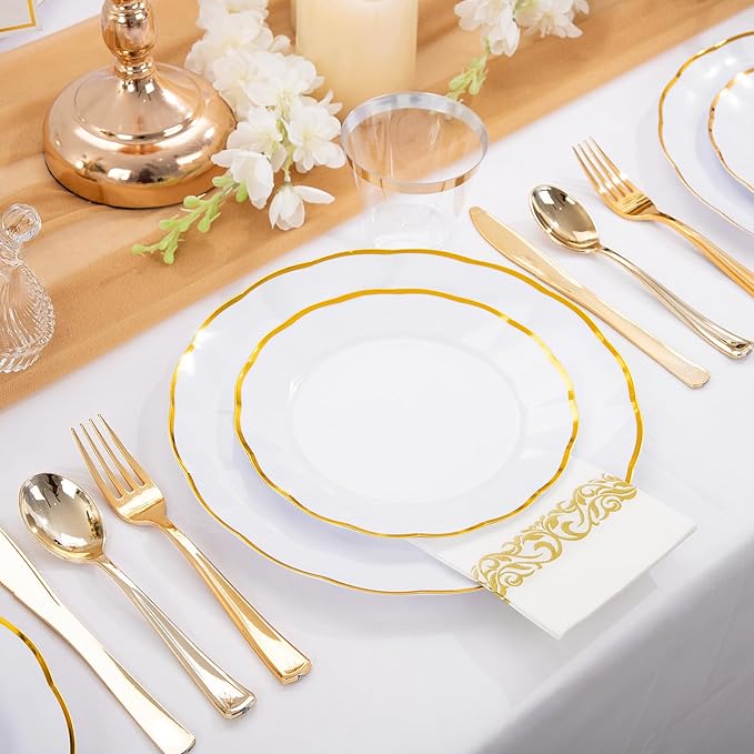 LIYH 700 Pcs Gold Plastic Dinnerware Set for 100 Guests - Plastic Wavy Plates for Party Includes Disposable Plates, Cups, Napkins and Disposable Gold Sliverware for Wedding Birthday