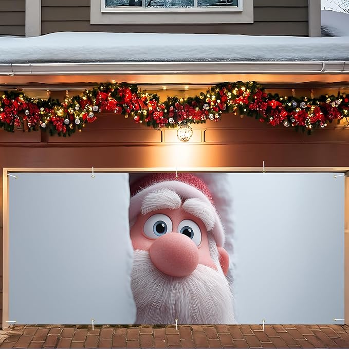 Christmas Garage Door Banner 7x16FT, Santa Claus Peeking Through Wall, Large Outdoor Xmas Garage Door Cover, Decoration for Driveways, Holiday Parties and Winter Wonderland