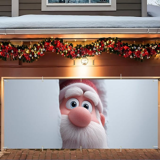 Christmas Garage Door Banner 7x16FT, Santa Claus Peeking Through Wall, Large Outdoor Xmas Garage Door Cover, Decoration for Driveways, Holiday Parties and Winter Wonderland