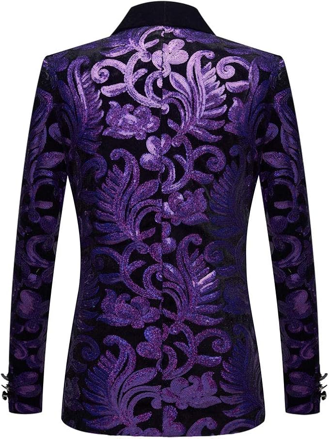 Men Fashion Velvet Sequins Floral Pattern Suit Jacket Blazer