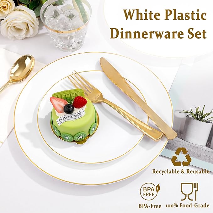 Festiva 350Pcs Gold Plastic Plates - White and Gold Dinnerware Set Disposable include 10" & 7" Plates,Cups,Silverware,Napkins -serve 50 Guests Perfect for Wedding& Easter&Birthday Party