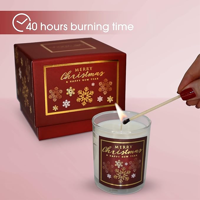 CharmLab Candle – Christmas, 12 oz Glass Jar with Wooden Lid, Wood & Spice Sandal Scent, 40H Burn, Red Snowflake Design, Luxury Gift Box, Elegant Holiday Candle, Christmas Gift & Home Decor