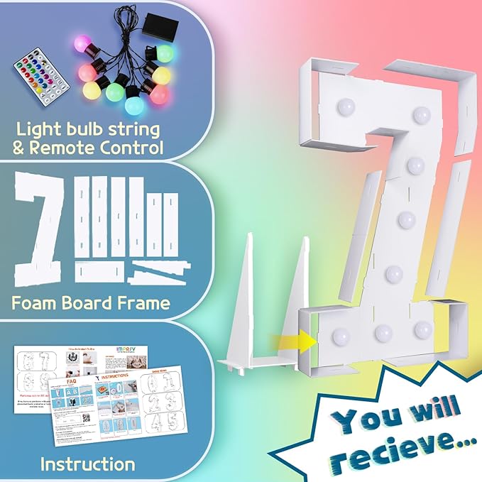 imprsv 3FT Colorful Marquee Numbers,18 Colors with Remote, Light Up Numbers 7 for 7th 70th Birthday Decorations Anniversary Party Decor, Pre-Cut Foam Board Kit, Mosaic Sign for Balloon