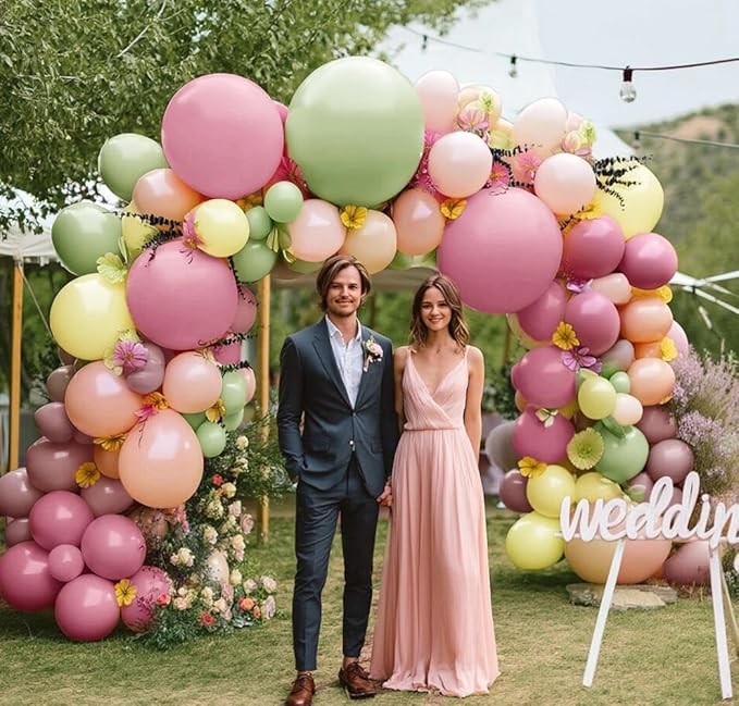 Dusty Green Pink Yellow Balloon Arch Artificial Flower Leaves Double Stuffed Pastel Green Pink Peach Mauve Balloon Garland Kit for Birthday Baby Shower Wedding Fairy Flower Easter Tea Party Decor