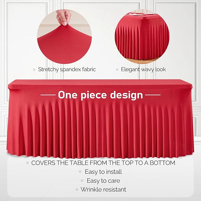 2 Packs Red Table Clothes for 4 Foot Rectangle Tables, Wrinkle Resistant Stretch Spandex Table Covers Fitted Tablecloth with Skirt for Valentines Wedding Birthday Party Event Banquet