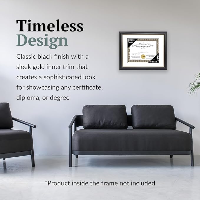 Creative Picture Frames 8.5" x 11" Rockefeller Black w/Gold Rim Diploma Frame, Displays 8.5" x 11" Certificate or 11" x 14" Document w/o Mat, College Degree Frame, Full-Strength Glass, White Mat