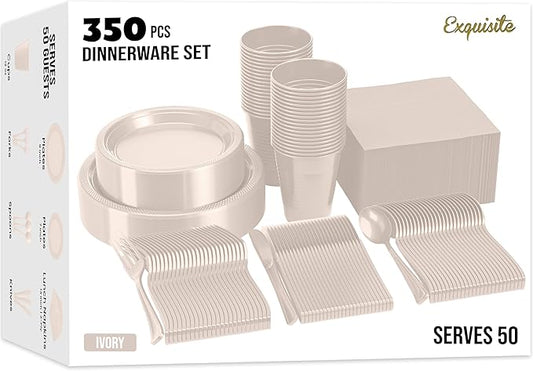 350 Pcs Ivory Plastic Plates For Party, Ivory Disposable Plates Set, 50 Of Each 9" Dinner Plate Set, 7" Dessert Plate, Cups, Napkins & Cutlery Plastic Dinnerware Exquisite