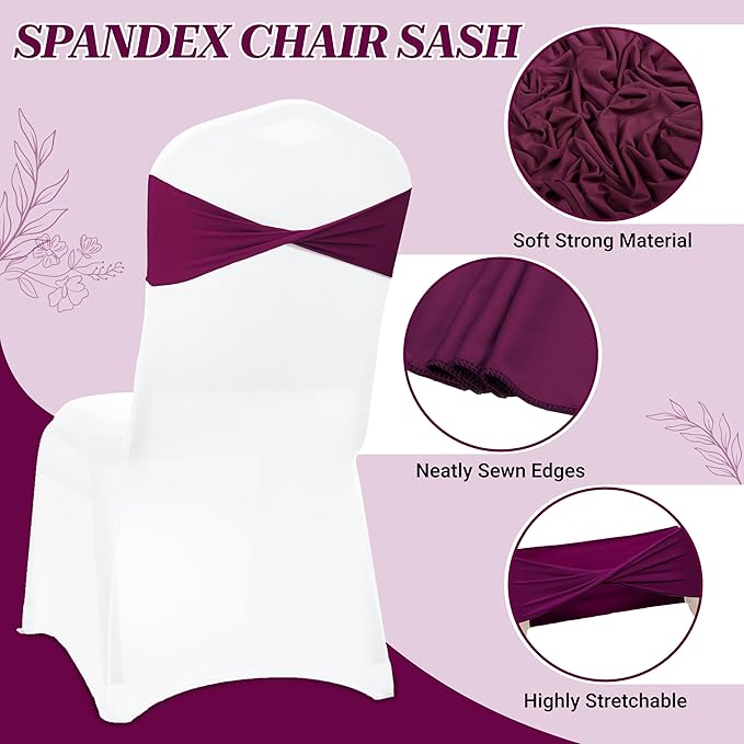 VDS Pack of 25 PCS | Eggplant | Spandex Chair Sashes Bows Without Buckle | Stretch Elastic Banquet Universal Folding Chair Band Tie with for Wedding Party Conference Celebration Event Decoration