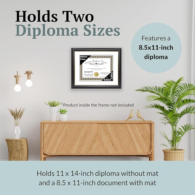 Creative Picture Frames 8.5" x 11" Rockefeller Black w/Gold Rim Diploma Frame, Displays 8.5" x 11" Certificate or 11" x 14" Document w/o Mat, College Degree Frame, Full-Strength Glass, White Mat