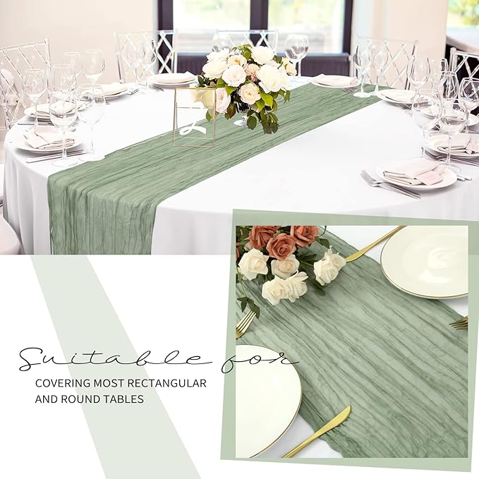 12 Pack Cheesecloth Table Runner 20 x 120 inch Cheese Cloth Table Runner Bulk,Romantic Boho Sheer Gauze Fabric Table Runners for Wedding Reception,Party,Bridal Shower Table Decor(Sage Green)