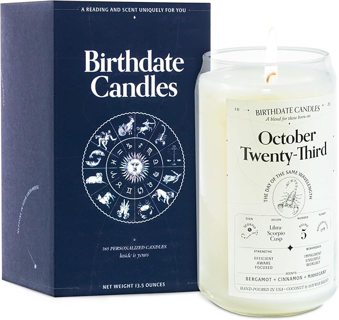 Birthdate Candles, October 23 - Scorpio Zodiac Scented Candles Birthday Gift - Bergamot, Cinnamon & Mahogany Scent - All-Natural Soy & Coconut Wax, 60-80 Hour Burn Time - Made in USA