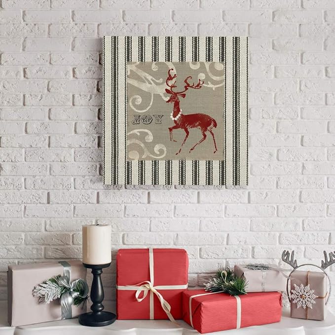 Renditions Gallery Joy Reindeer Wall Art, Cute Christmas & Winter Decor, White & Red with Striped Fabric Look, Premium Gallery Wrapped Canvas, Ready to Hang, 16 in H x 16 in W, Made in America