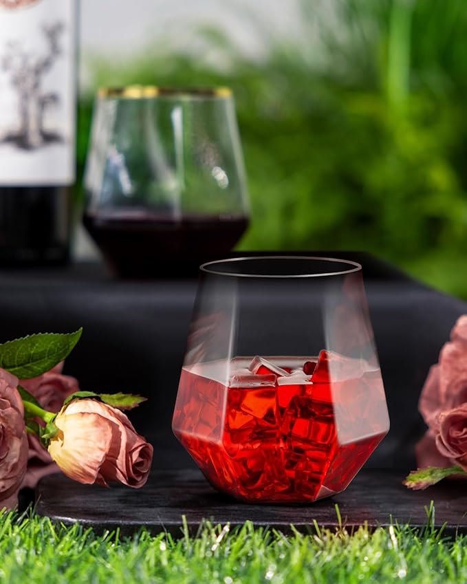 BESTSTAR 40 PCS Clear 12 Oz Plastic Wine Whiskey Glasses, Diamond Stemless Unbreakable Disposable Wine Glasses for Parties, Ideal for Weddings, Christmas, Halloween,Holidays,pool party,Daily Use