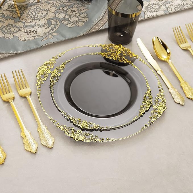 Nervure 175pcs Clear Black Plastic Plates - Gold Plastic Dinnerware Set for 25 Guests include 50 Disposable Plates,75 Gold Silverware,25 Cups,25 Napkins Perfect for Party&Independence Day