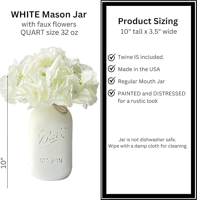 White Mason Jar Centerpieces for Baby Shower, Set of 5-32 oz Hand-Painted Mason Jars for Wedding, Baby Shower, Bridal Shower Decor - Centerpiece Table Decorations (5 White w/Hydrangea)
