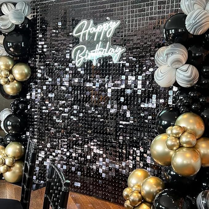 COKAOBE Black Shimmer Wall Backdrop, 24PCS Square Sequin Shimmer Backdrop Panel, Photo Backdrops for Birthday, Anniversary, Wedding, Graduation & Bachelorette Party Decoration