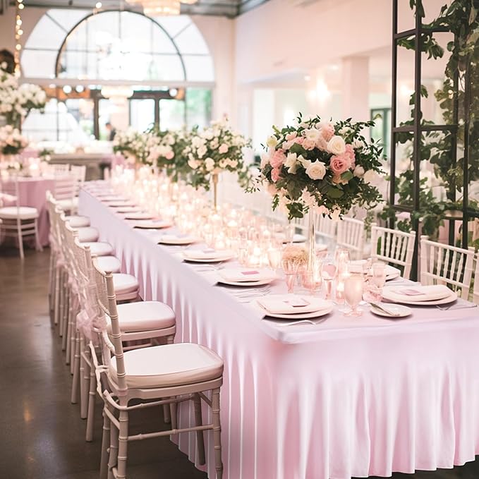 4 Packs Pink Table Clothes for 8 Foot Rectangle Tables, One-Piece Wrinkle Resistant Stretch Spandex Table Covers with Skirt for Event Banquet Wedding Birthday Party