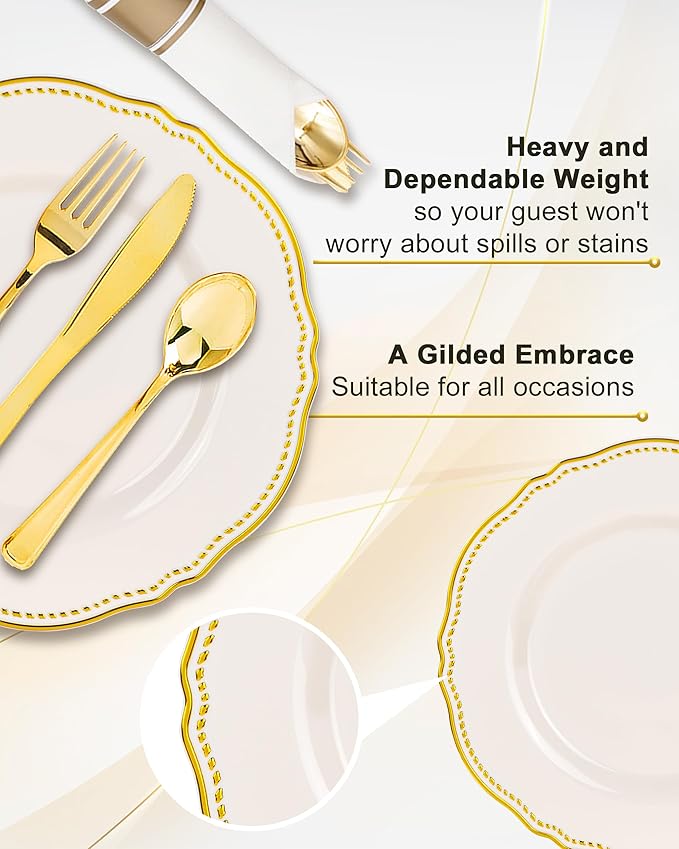Hioasis 350pcs Ivory Gold Plastic Plates - Gold Plastic Dinnerware Set Includes 50 Dinner Plates, 50 Dessert Dinnerware, 50 Cups, 50 Napkins Perfect for Wedding & Party