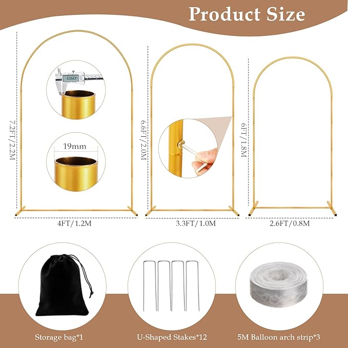 Metal Arch Backdrop Stand Set of 3(7.2 ft, 6.6 ft, 6 ft) Party Arch Stands for Wedding, Birthday, Baby Shower, Bridal Shower, Balloon Arched Frame for Garden Decor, Gold Floral Arches, 3 Pieces