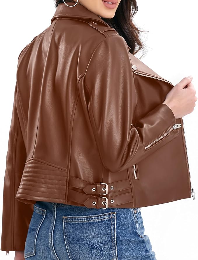 SILVER FASHIONS Lambskin Leather Jacket Women,Motorcycle Jacket,Asymmetrical Zip Style,Buckle Belts,Quilted Details