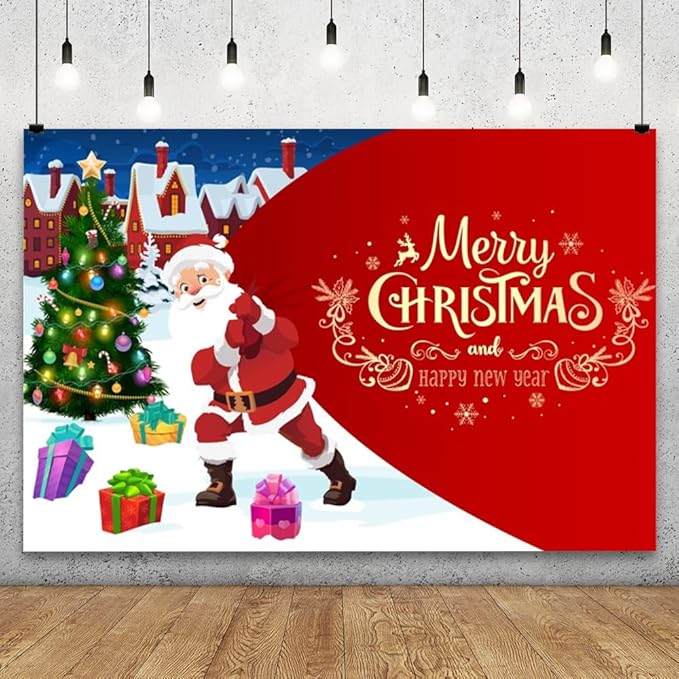 YongFoto Merry Christmas Backdrop 12x10ft Christmas Tree Santa Claus's Gift Snow Town Photography Background Happy New Year Xmas Eve Family Party Banner Room Decor Photoshoot Wallpaper Photo Booth