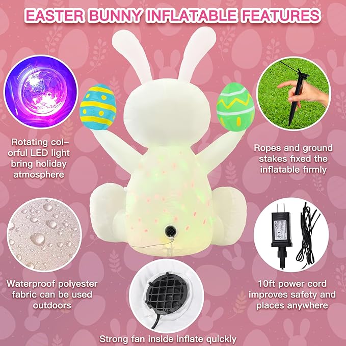 Easter Inflatables Outdoor Decorations 4ft Cute Inflatable Bunny Hold Eggs Blow Up Yard with LED Lighted Colorful Happy Rabbit Blow Ups for Outside Holiday Party Garden Lawn Indoor Home Decor
