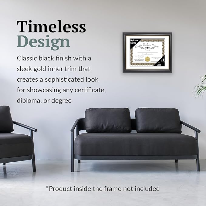 Creative Picture Frames 7" x 9" Rockefeller Black with Gold Rim Diploma Frame, Displays 7" x 9" Certificate or 8" x 10" Document without Mat, College Degree Frame, Full-Strength Glass, White Mat