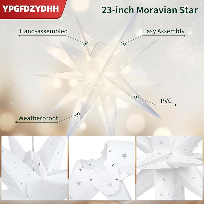 23" Large Moravian Star Outdoor Light, Moravian Star Christmas Tree Topper Lighted Battery Operated, Remote Control Hanging Outdoor/Indoor Tree Topper Light for Courtyard, Porch-White