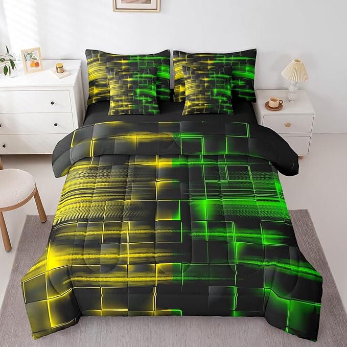 Feelyou Green and Yellow Comforter Set with Sheets 7 Piece King Size Kids Geometric Bed in a Bag Strip Lines Bedding Set Abstract Art Bed Set with Comforter, Sheets,Cushion Covers
