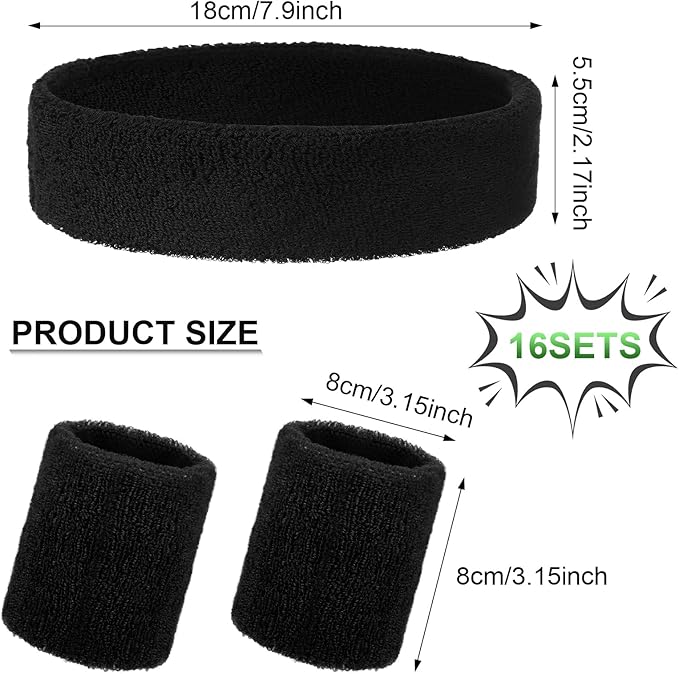 48pcs 16 Sets Neon 80's Sweatbands for Women Men Headband Wristband Set 16 Headband and 32 Wristbands Football Wristbands Sports Accessories Halloween Cosplay Glow Party