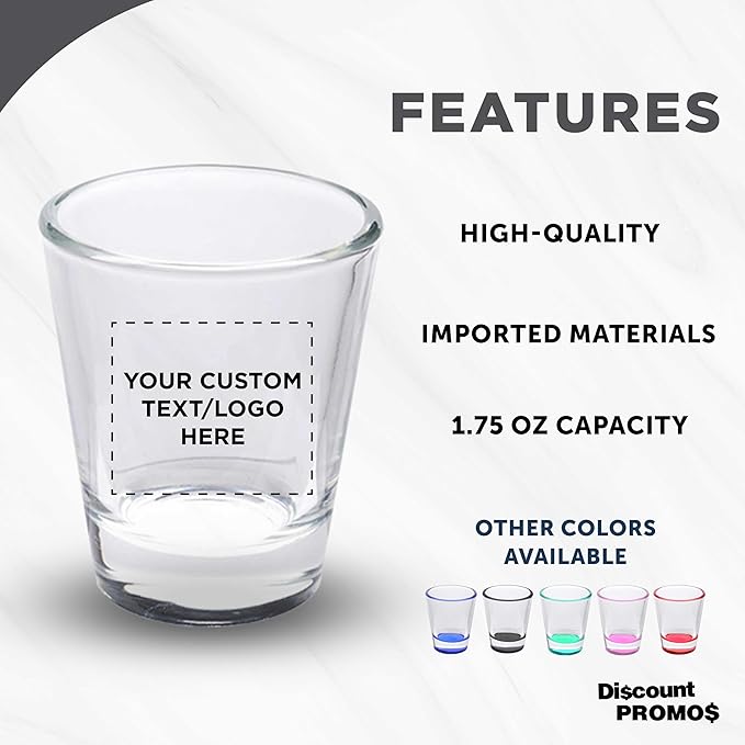 DISCOUNT PROMOS Custom Shot Glasses 1.75 oz. Set of 10/50/100, Personalized Bulk Pack - Great for Wedding Favors, Bachelorette Decorations, Party Favors - Clear Bottom Color