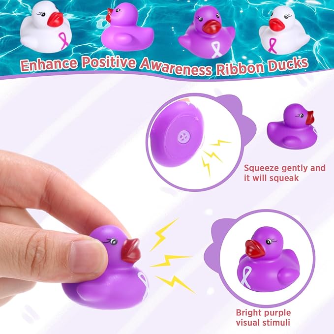 200 Pcs Purple and White Rubber Ducks Cervical Health Alzheimers Awareness Product Domestic Violence Awareness Ribbon Duck Float Mini Bath Toy Bulk Pancreatic Cancer for Charity Event Supplies