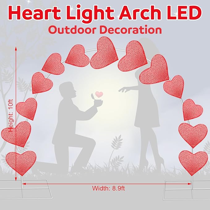 VIHOSE 10ft Valentine's Day Heart Light Arch LED Outdoor Arches Decor with Flasher Modes Love Pathway Markers Lights for Valentine Proposal Wedding Engagement and Birthday Party Yard Lawn Decor