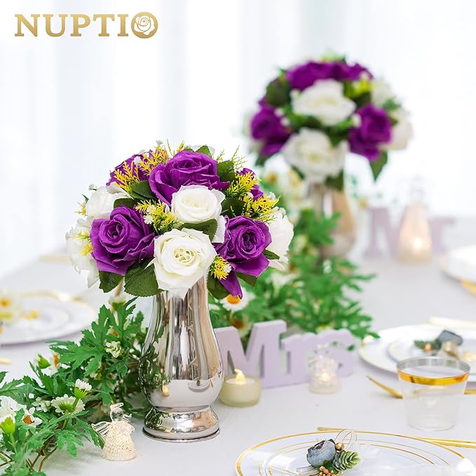 NUPTIO Flower Centerpieces for Wedding Tables: 10 Pcs Purple & White Artificial Flower Ball Arrangement for Christmas Thanksgiving Party - Fake Floral Rose for Bridal Shower Decor