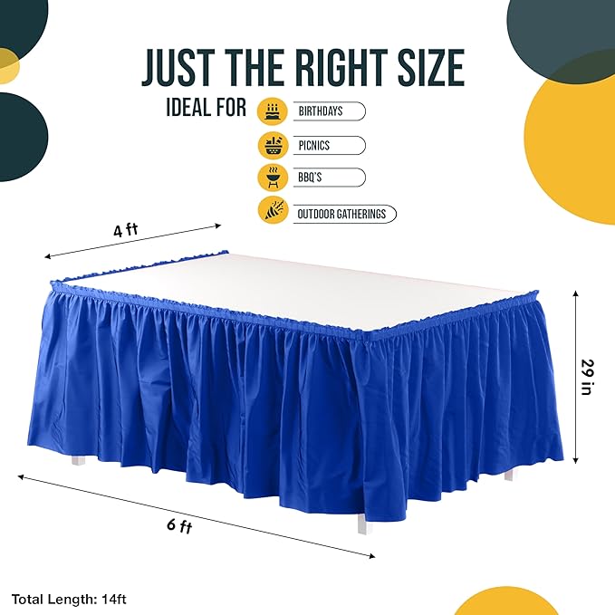 Exquisite Ruffle Table Skirt Dark Blue 48 Pack 14 Ft Long Table Skirts for Rectangle Tables 6ft Plus or Round Tables Skirts with Adhesive Strip for Gender Reveal Decor & Happy Birthday Parties