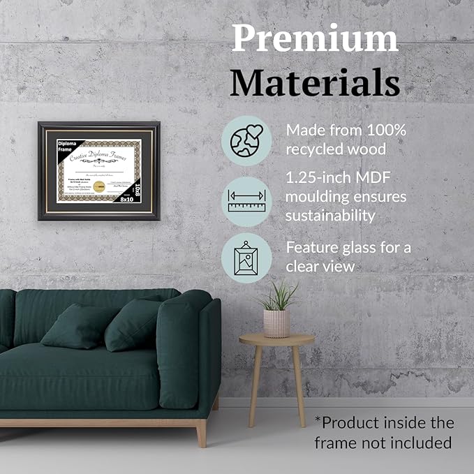 Creative Picture Frames 8" x 10" Rockefeller Black with Gold Rim Diploma Frame, Displays 8" x 10" Certificate or 10" x 12" Document without Mat, College Degree Frame, Full-Strength Glass, Black Mat