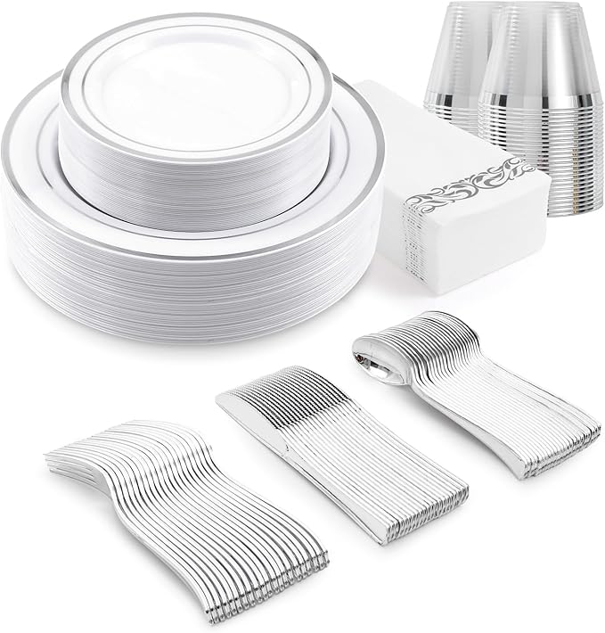 350-Piece Silver Rim Plastic Dinnerware Set for 50 Guests, Elegant Disposable Dinnerware for Party, Wedding. Includes Dinner Plates, Dessert Plates, Silverware, Napkins, Cups