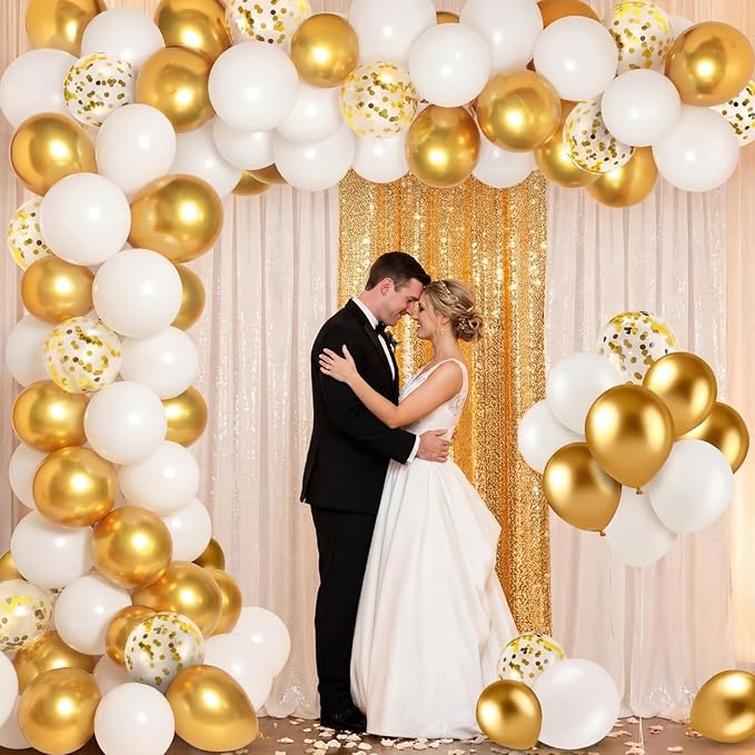 137 Pcs White Gold Party Backdrop Kits - 4 Sequin Backdrop Curtain 133 Balloon Garland Kit Photo Prop Background for Engagements Bridal Shower Graduation Anniversary Party Decoration
