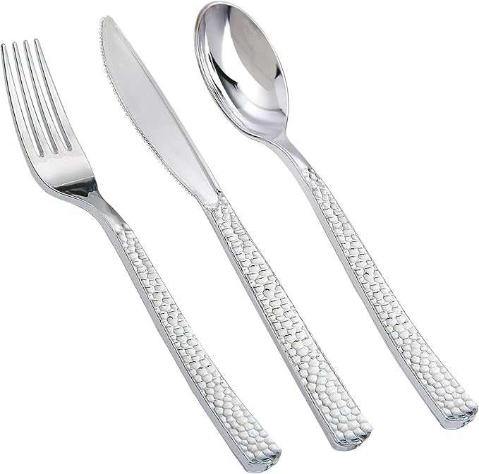 Supernal 360pcs Silver Plastic Cutlery,Elegant Plastic Silverware,Silver Hammed Silverware,Disposable Flatware,Include 120 Forks,120 Knvies,120 Spoons,Perfect for Birthday,Party,Wedding