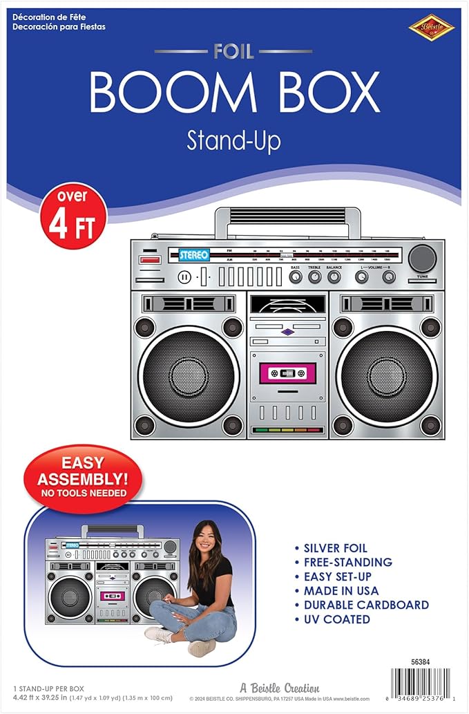 Beistle 80s Boom Box Stand-Up, Retro Metallic Cardboard Decoration, Perfect for 1980s ERAS Theme Dance Parties, Photo Booth Props, and Throwback Events, Large 3' 3¼" x 4' 5"